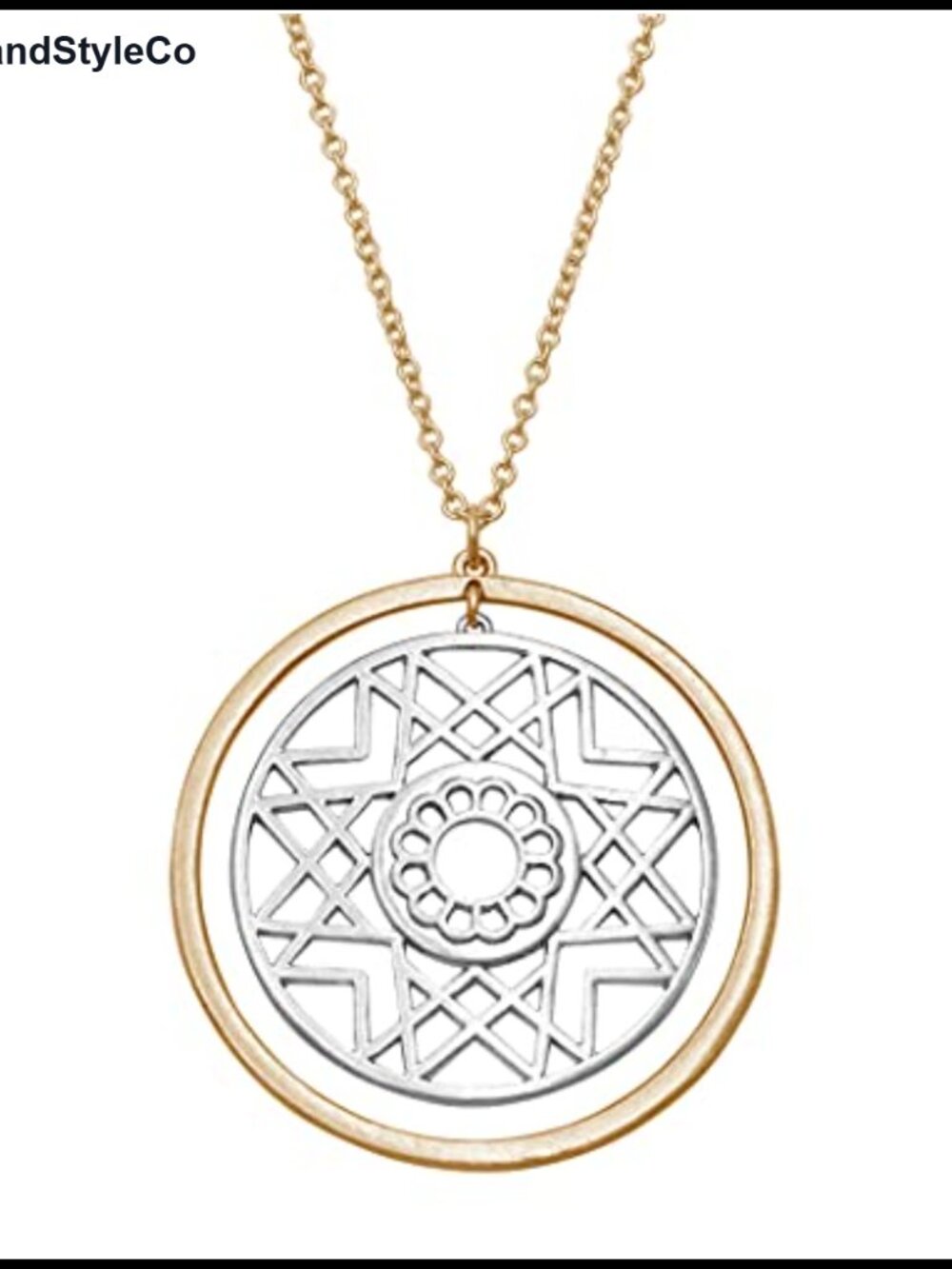 Vintage Two Tone Geometric Star Medallion Pendant Necklace Long Cable Chain 34"